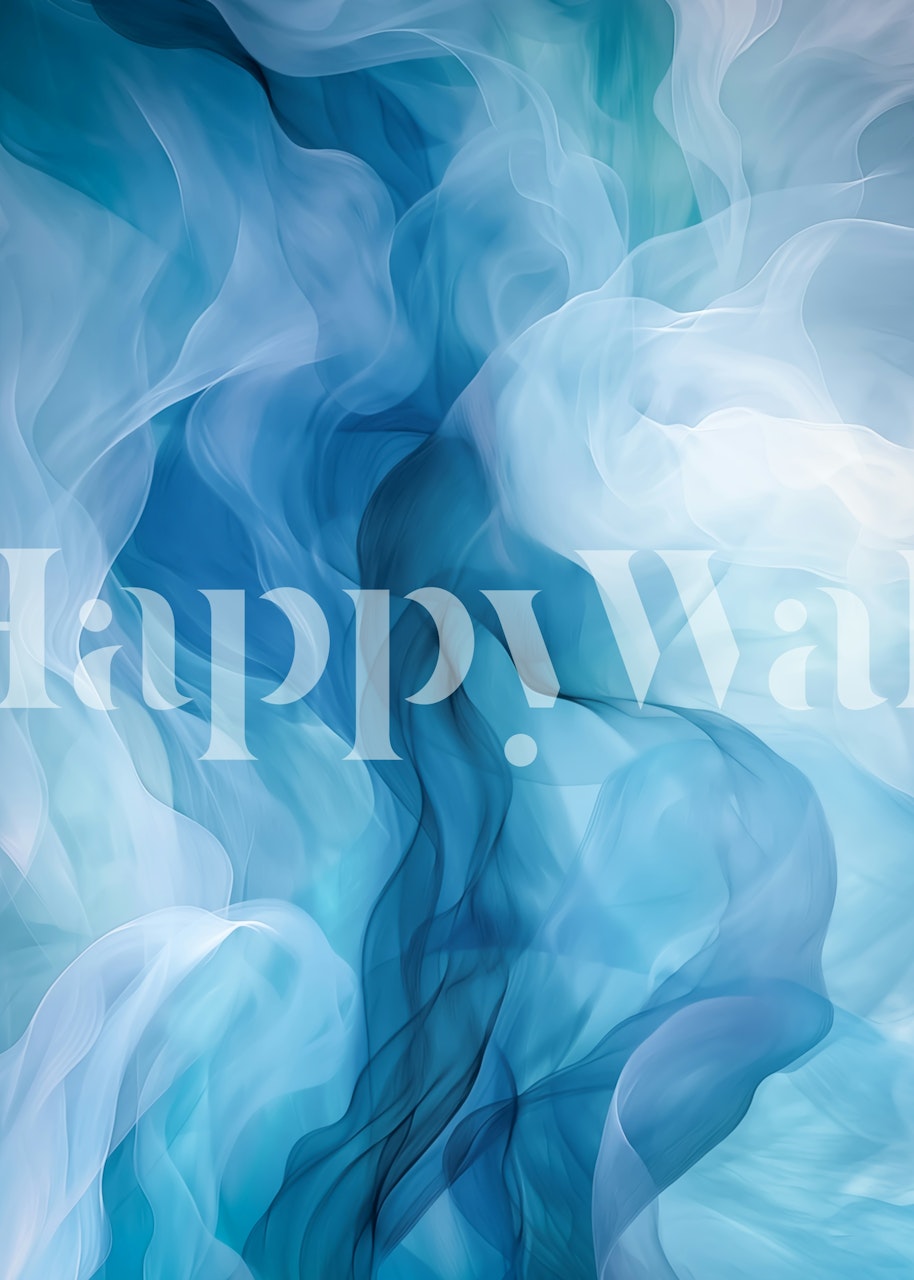 Vertical abstract blue and white swirls wallpaper in a room