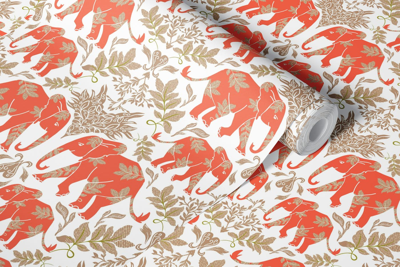 Coral Red Elephants in the jungle wallpaper roll