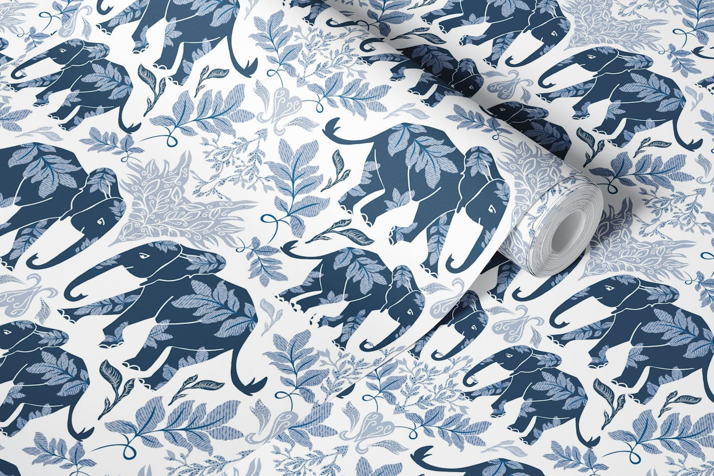 Blue elephants in the jungle wallpaper roll