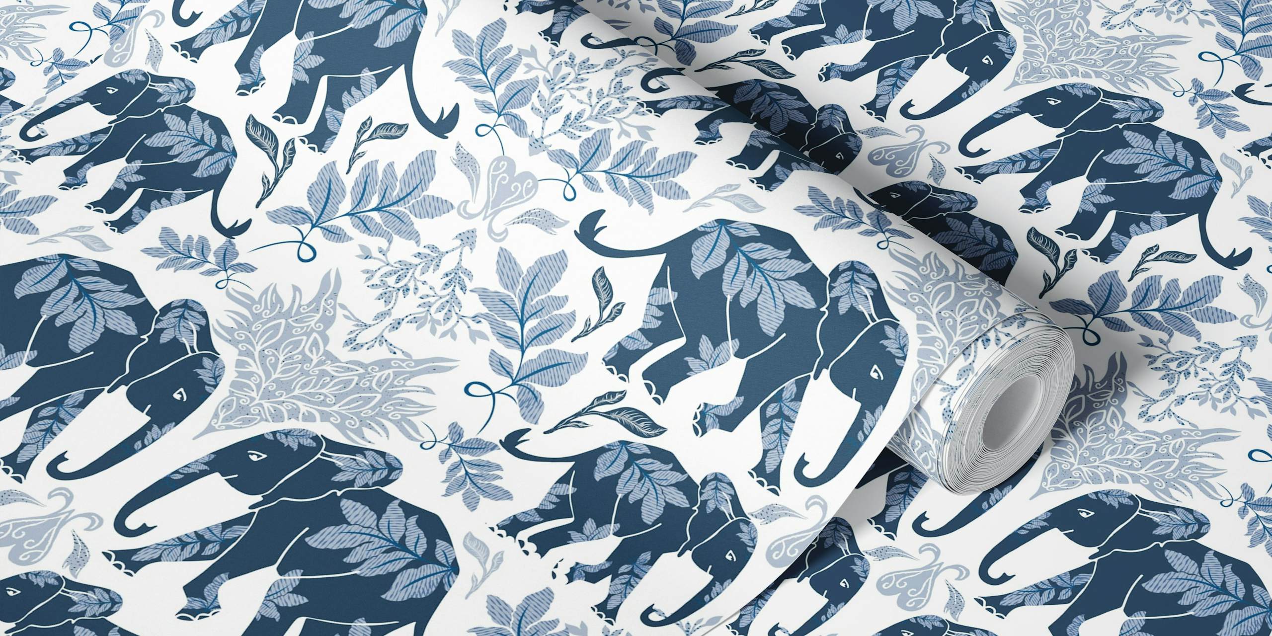 Blue elephants with leaves on white background wallpaper