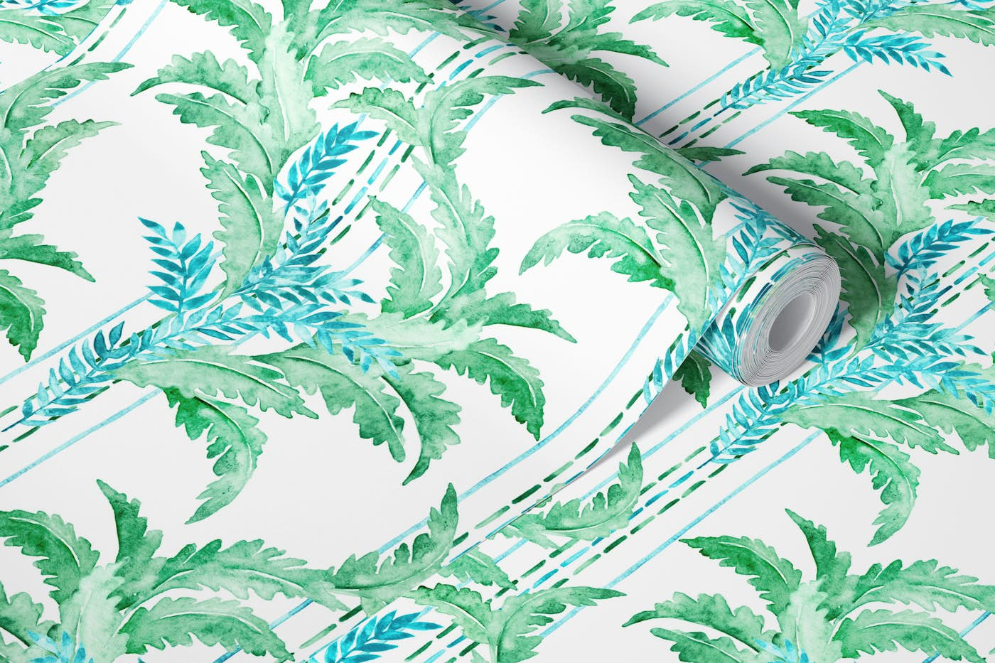 Breezy Blue Green Botanical Medium wallpaper roll