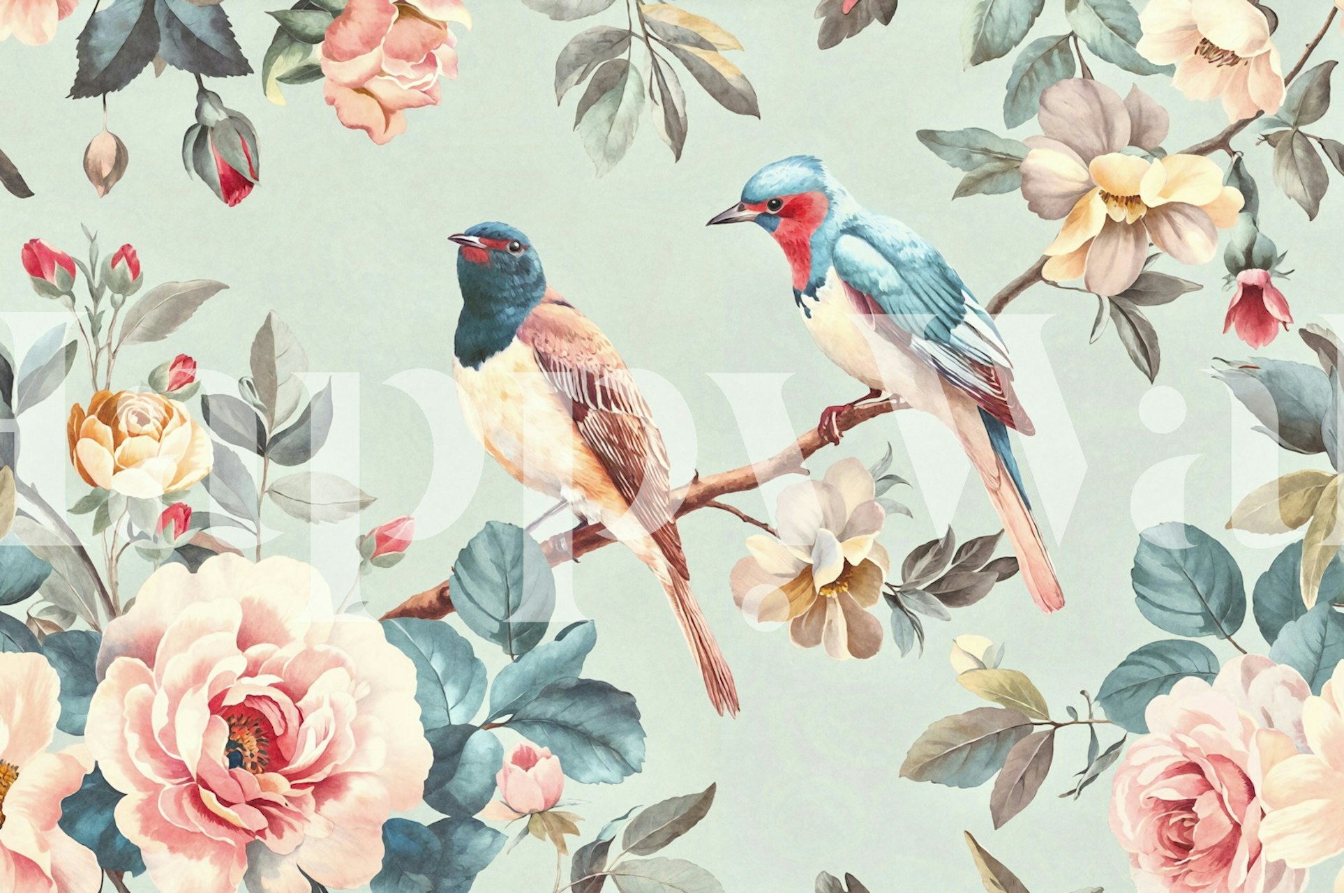 Two birds on branches surrounded by pastel flowers wallpaper