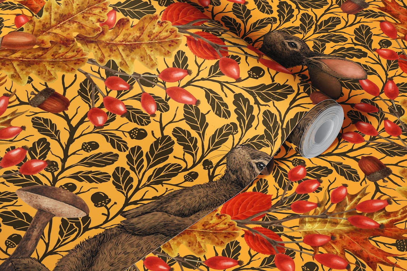 Autumn rabbit on yellow wallpaper roll