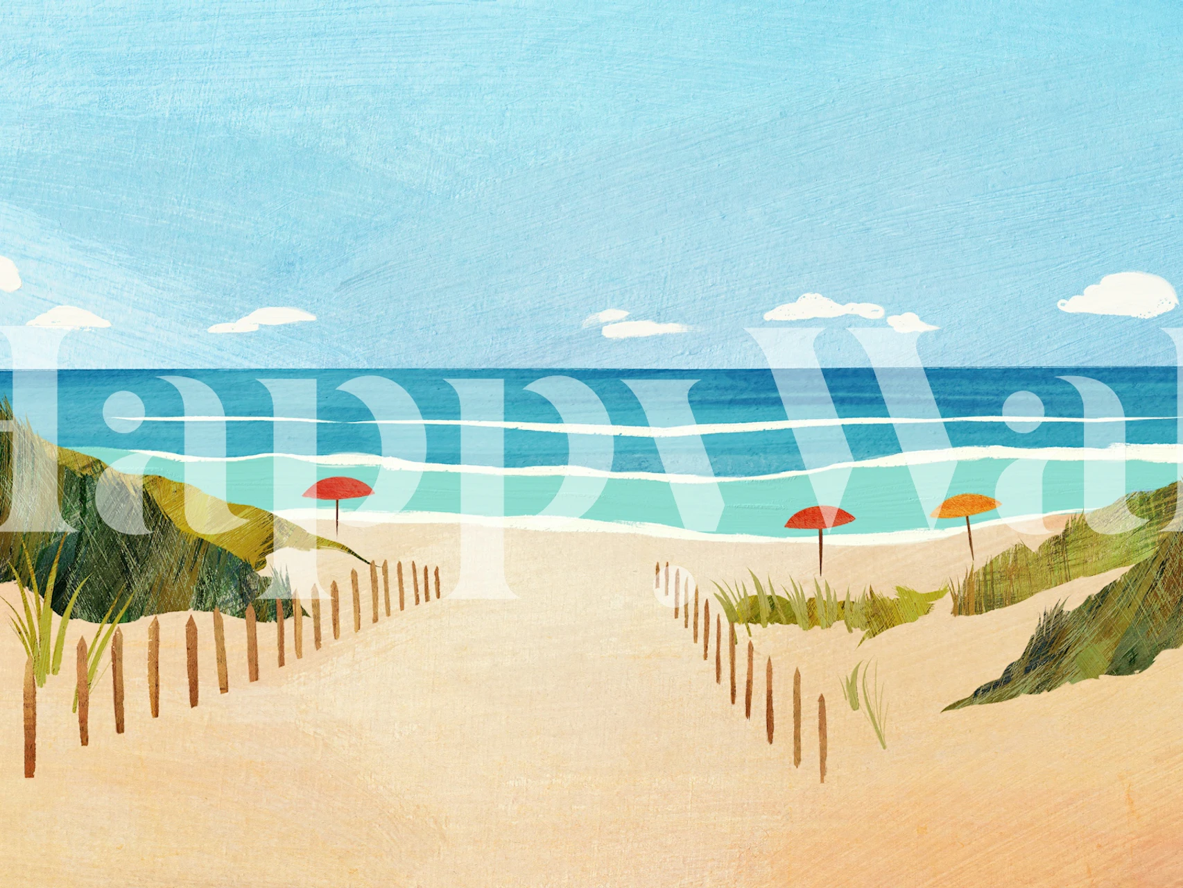 Ein Wandbild mit einer ruhigen Strandszene, das einen Sandweg zeigt, der zu einem türkisfarbenen Meer mit bunten Sonnenschirmen führt.