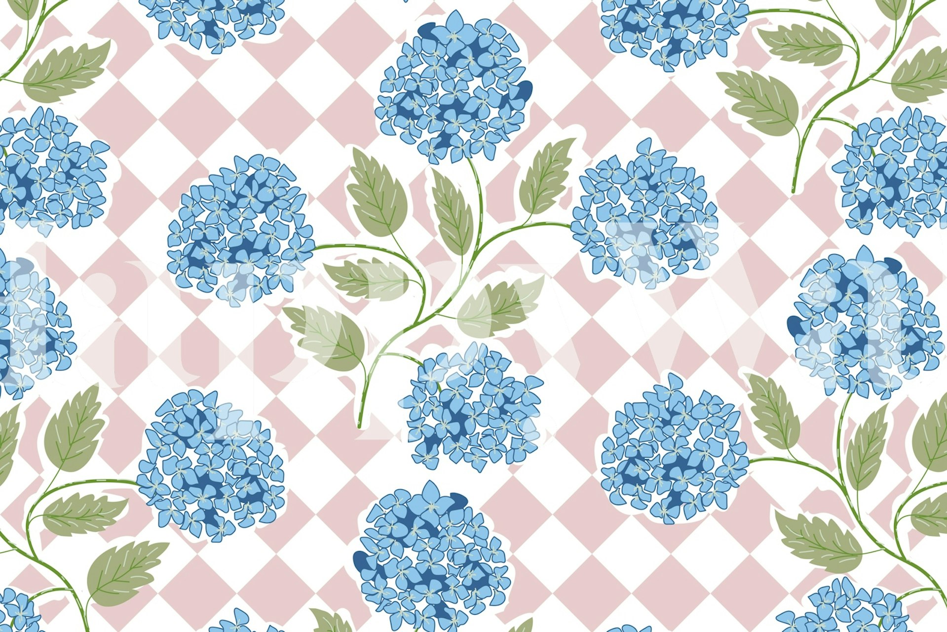 Blue hydrangea flowers on a pink checkered background wallpaper