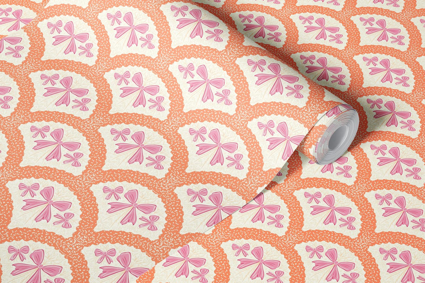 Grandmillennial preppy bows in peach wallpaper roll