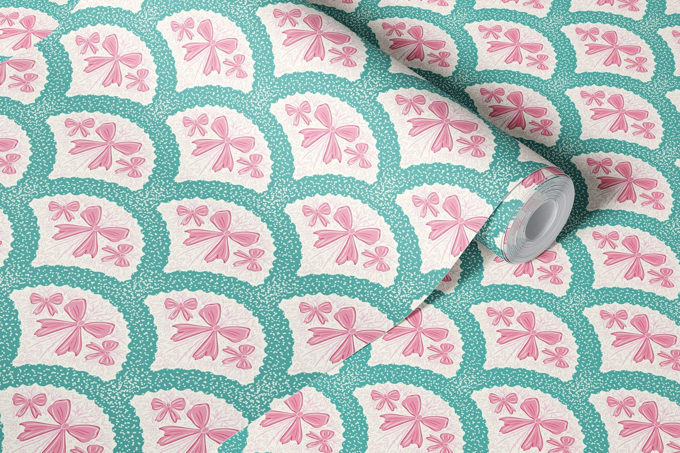 Grandmillennial preppy bows green blue wallpaper roll