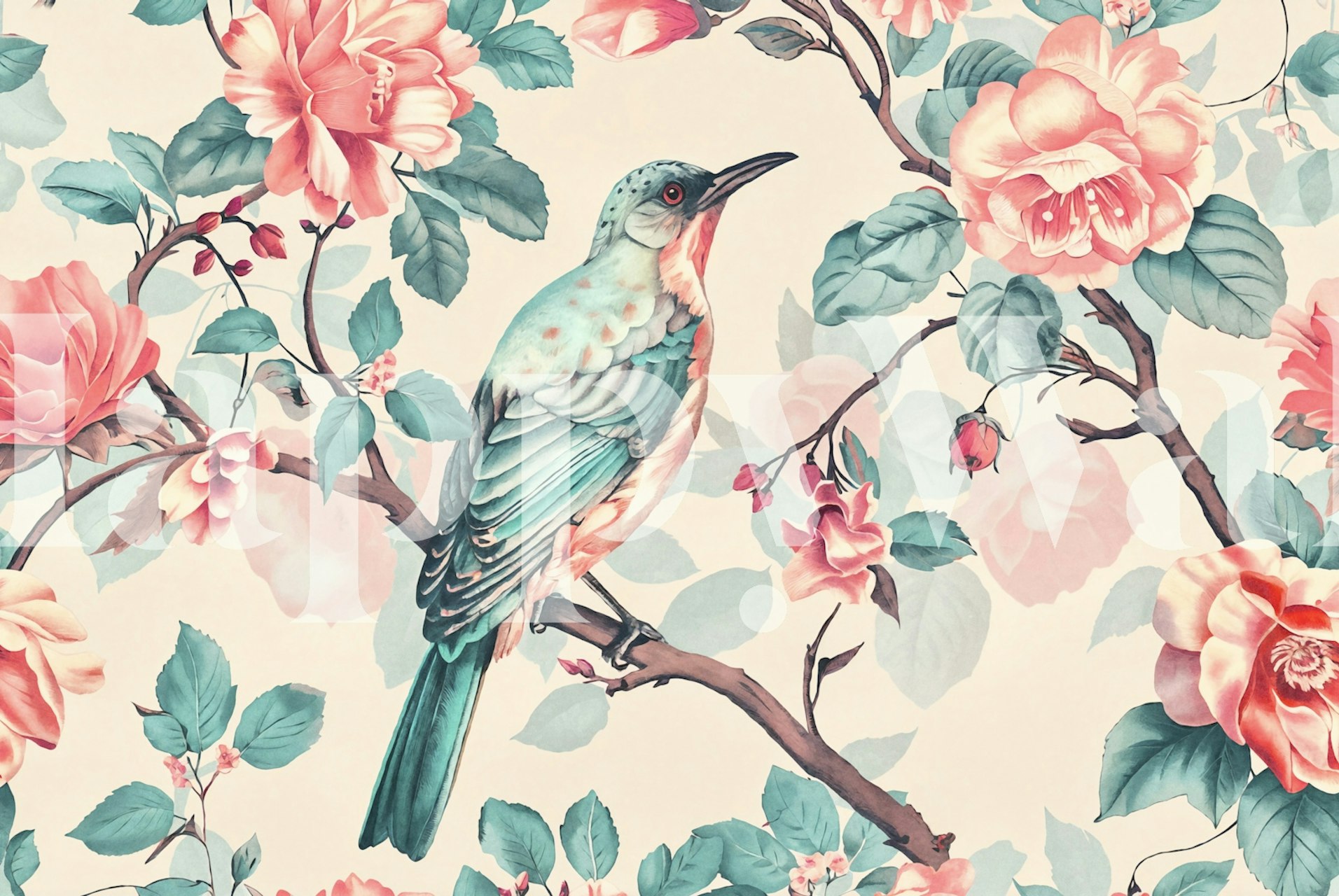 Vintage floral wallpaper with pastel birds and pink roses