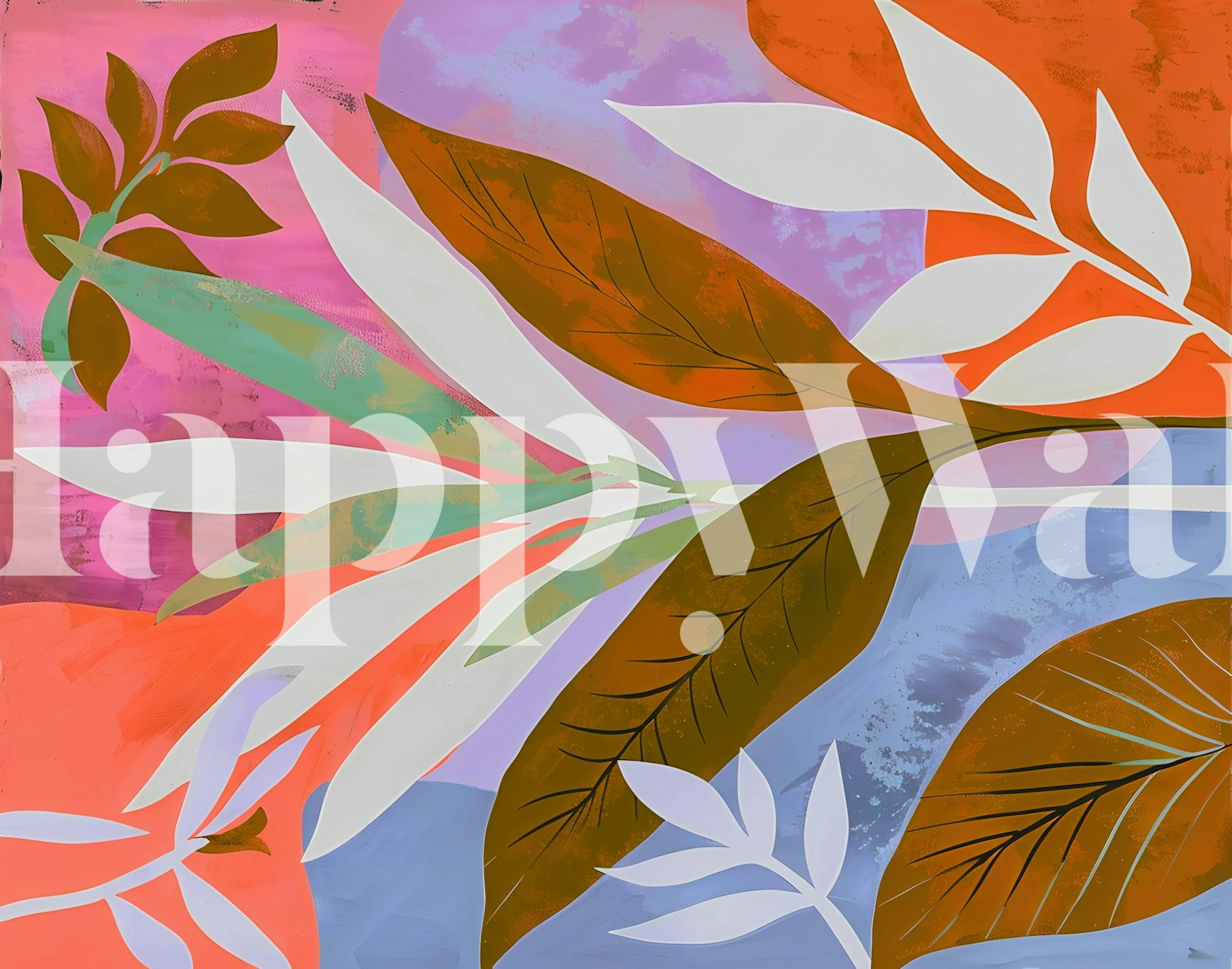Tropical leaves on a colorful background with shades of pink, blue, and orange wallpaper.