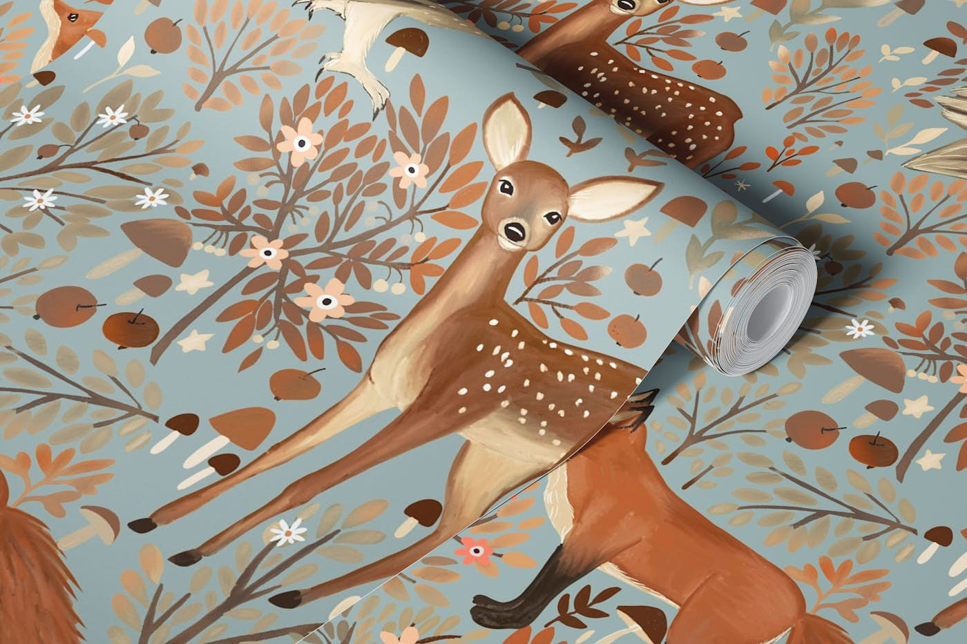 Grey and brown forest animals - mint wallpaper roll