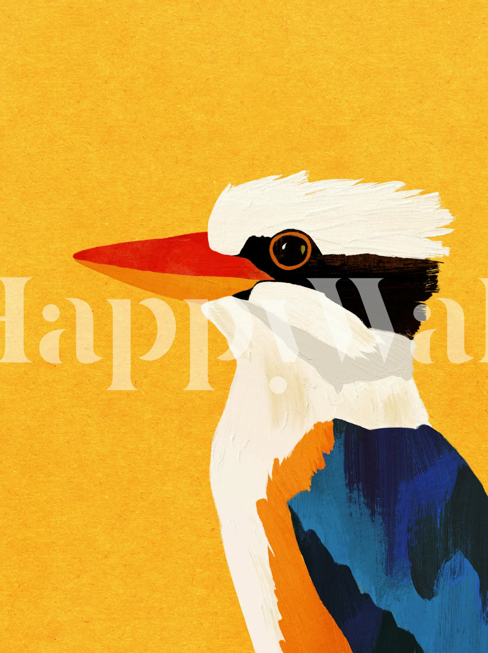 Illustration stylisée d'un kookaburra aux couleurs vives sur fond jaune chaud.