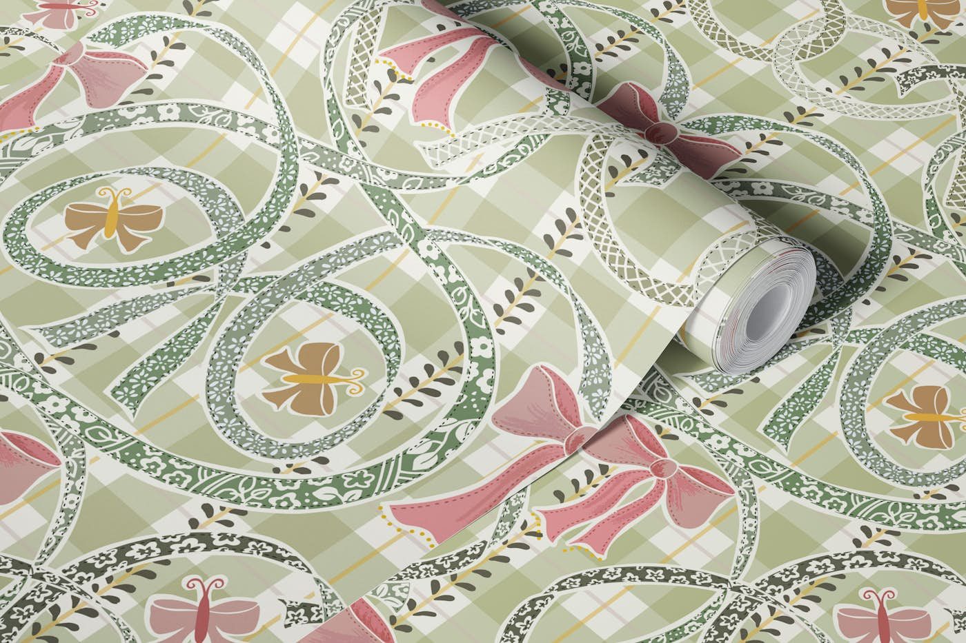 William Morris ribbons and bows sage wallpaper roll