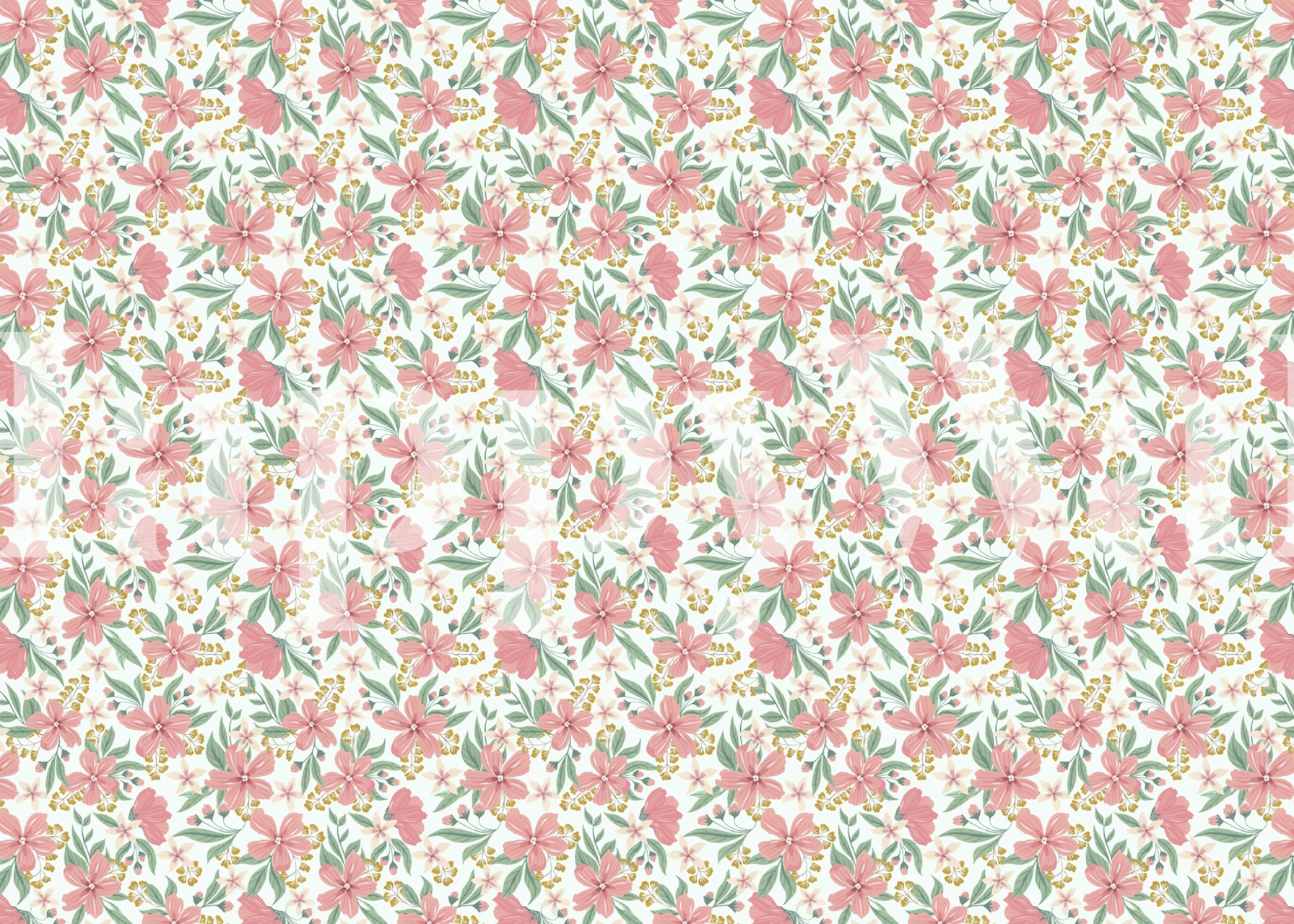 Pink floral pattern with green leaves wallpaper