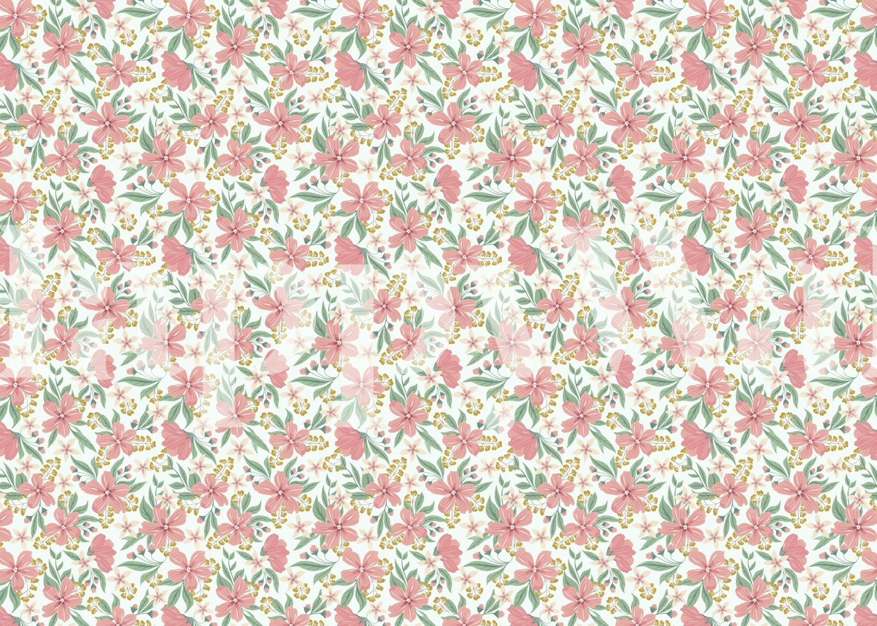 Pink floral pattern with green leaves wallpaper