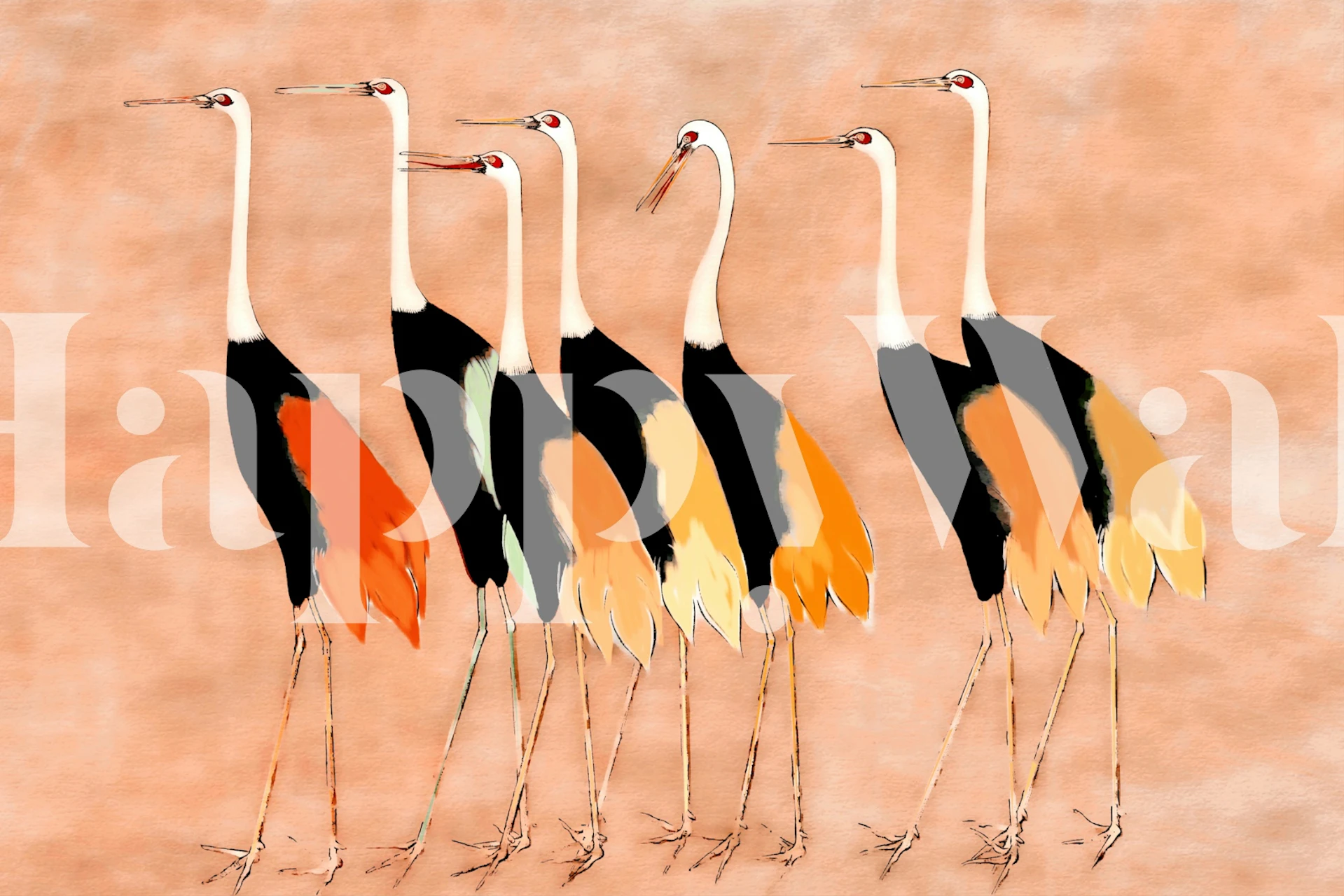 Japanese cranes in black and orange against a warm background wallpaper