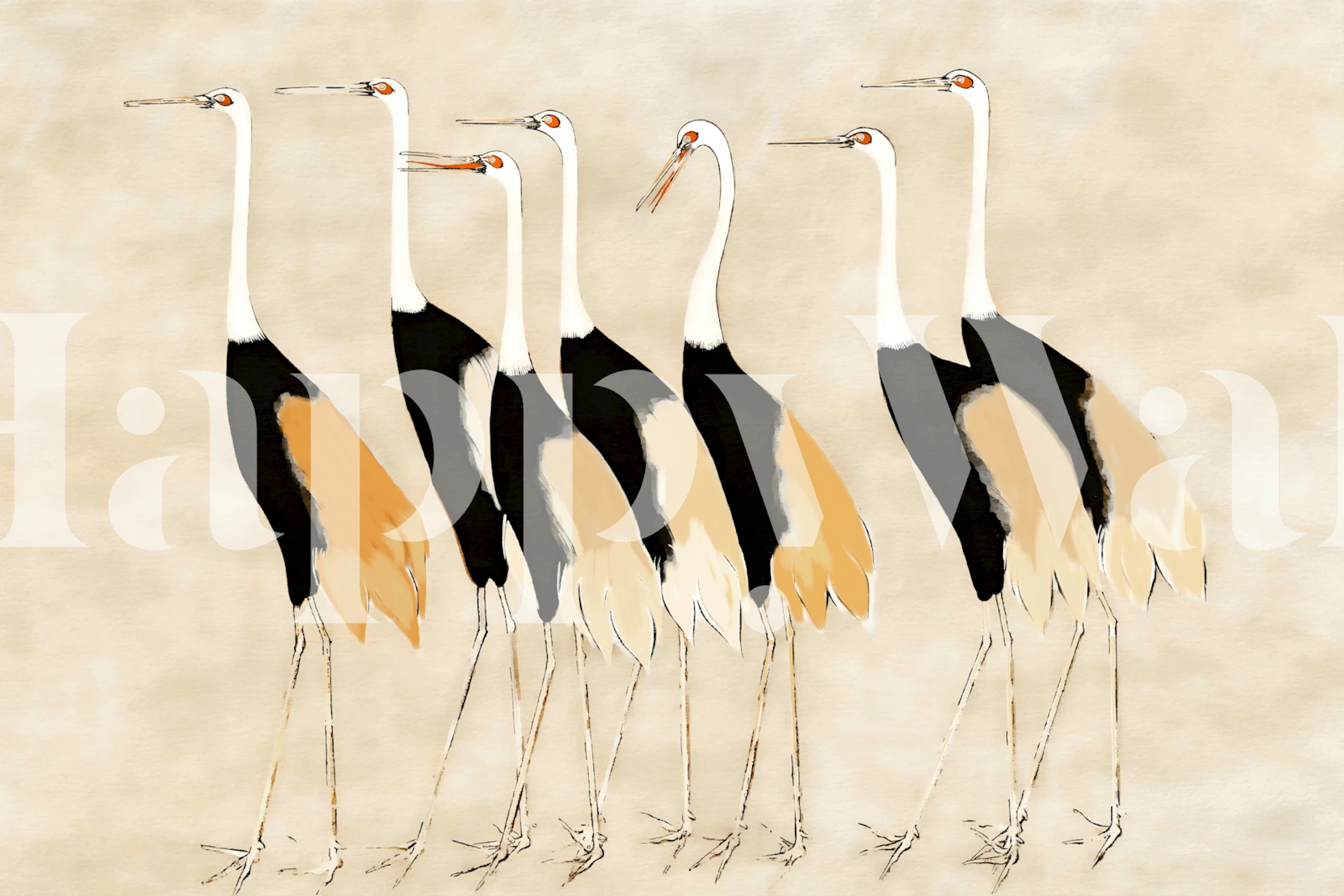 Neutral Japanese Cranes wallpaper in a room