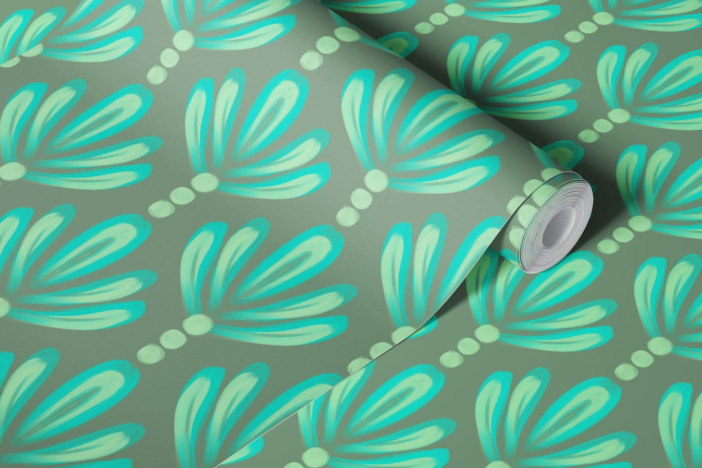 Boho Palms in Gray Blue and Green Geometric wallpaper roll