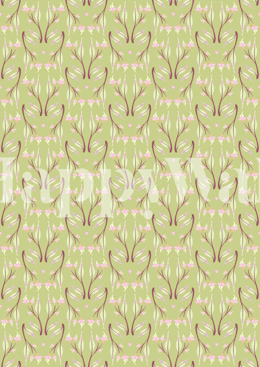 Floral pattern with green background and pink flowers wallpaper