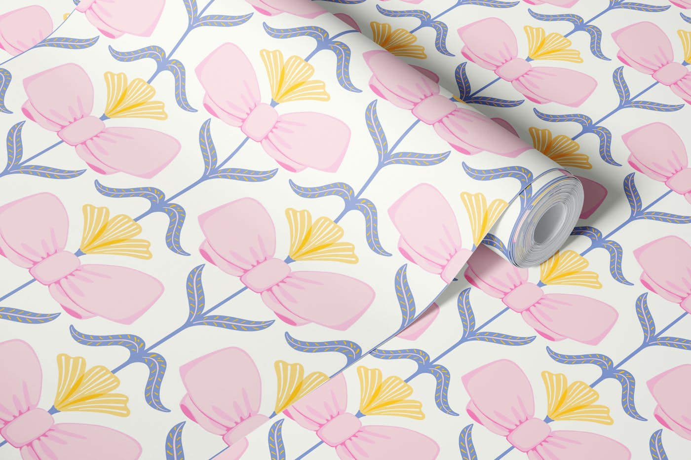 Preppy Flowers with bow bright wallpaper roll