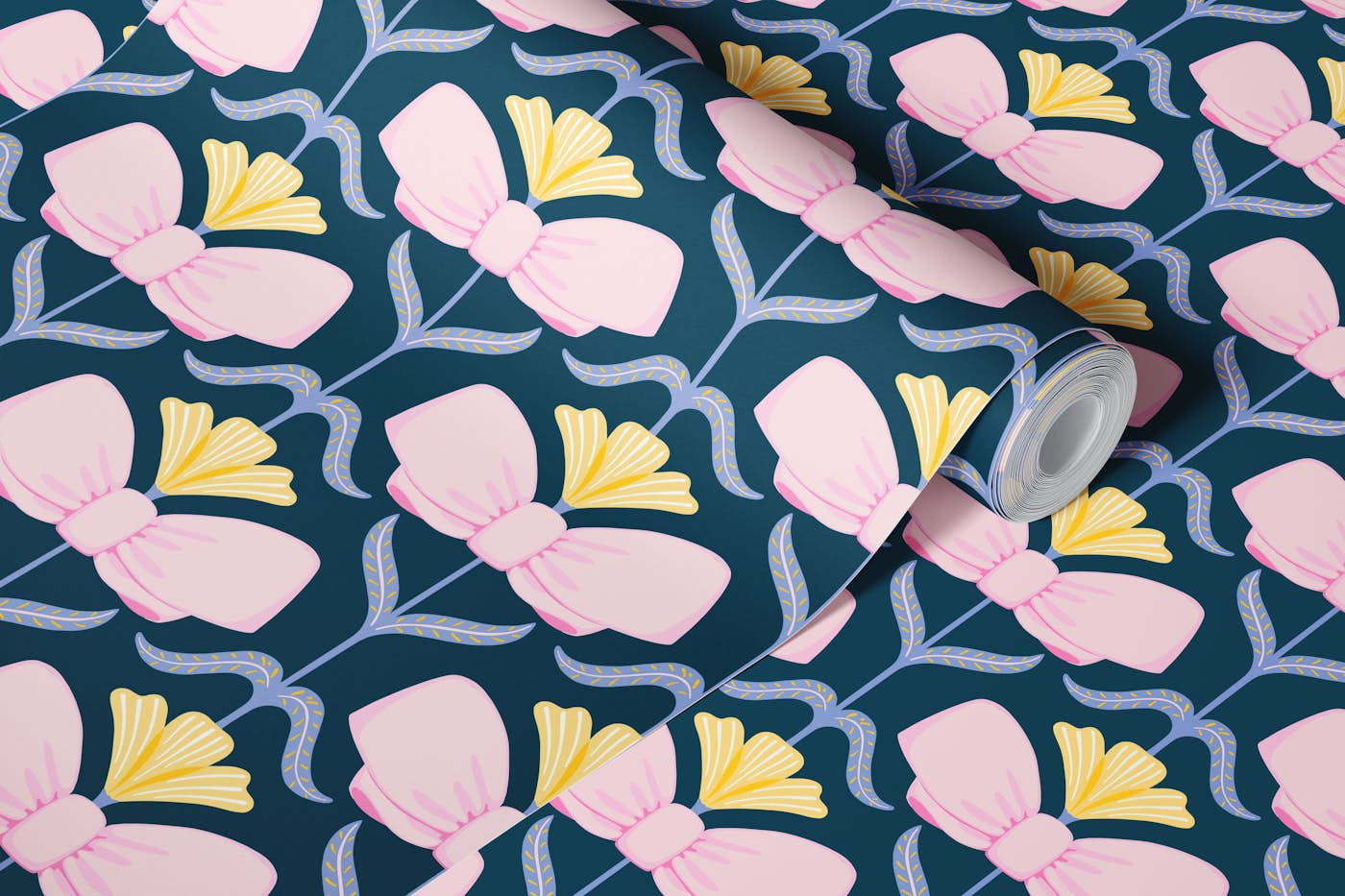 Preppy Flowers with bow dark wallpaper roll