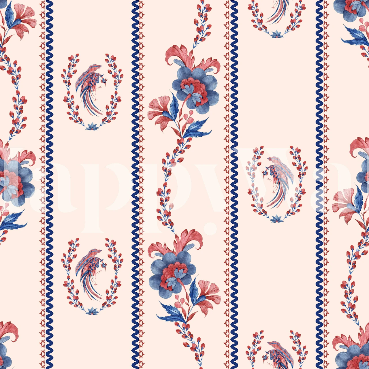 Floral striped wallpaper featuring blue and pink flowers on a light pink background