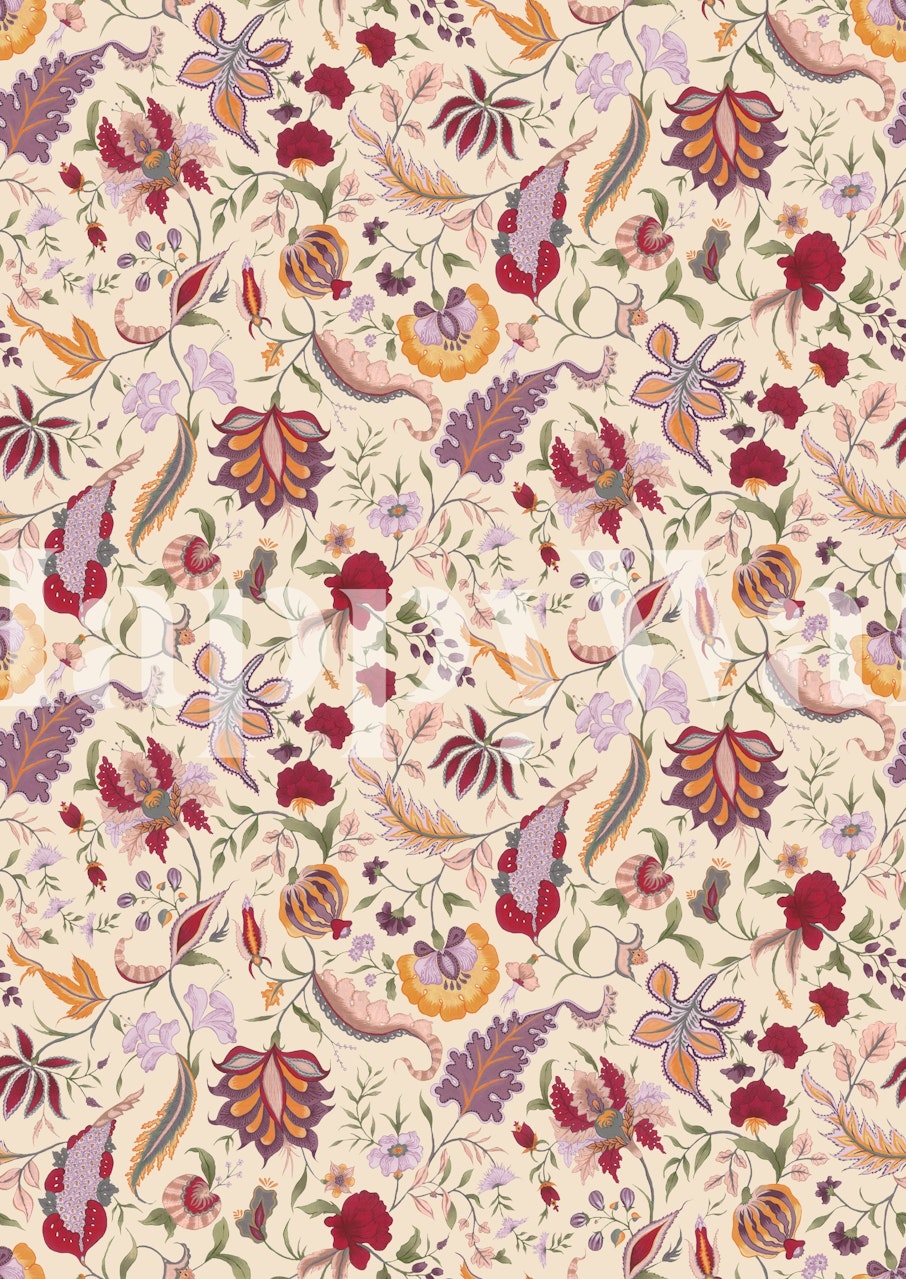 Vintage calico chintz mønster vægmaleri med indviklede blomsterdesign på Happywall
