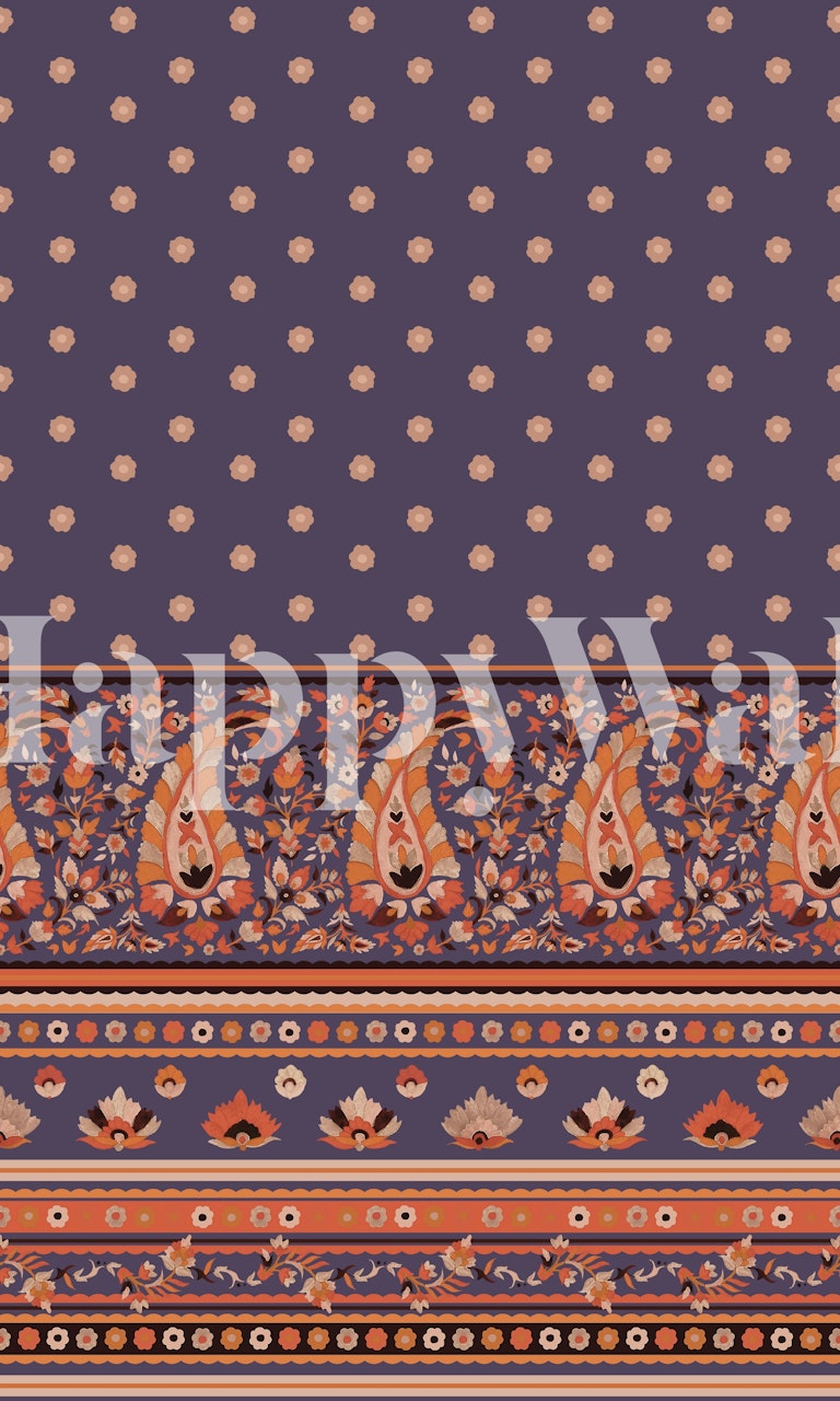 Pashmina paisley floral pattern in purple and coral wallpaper