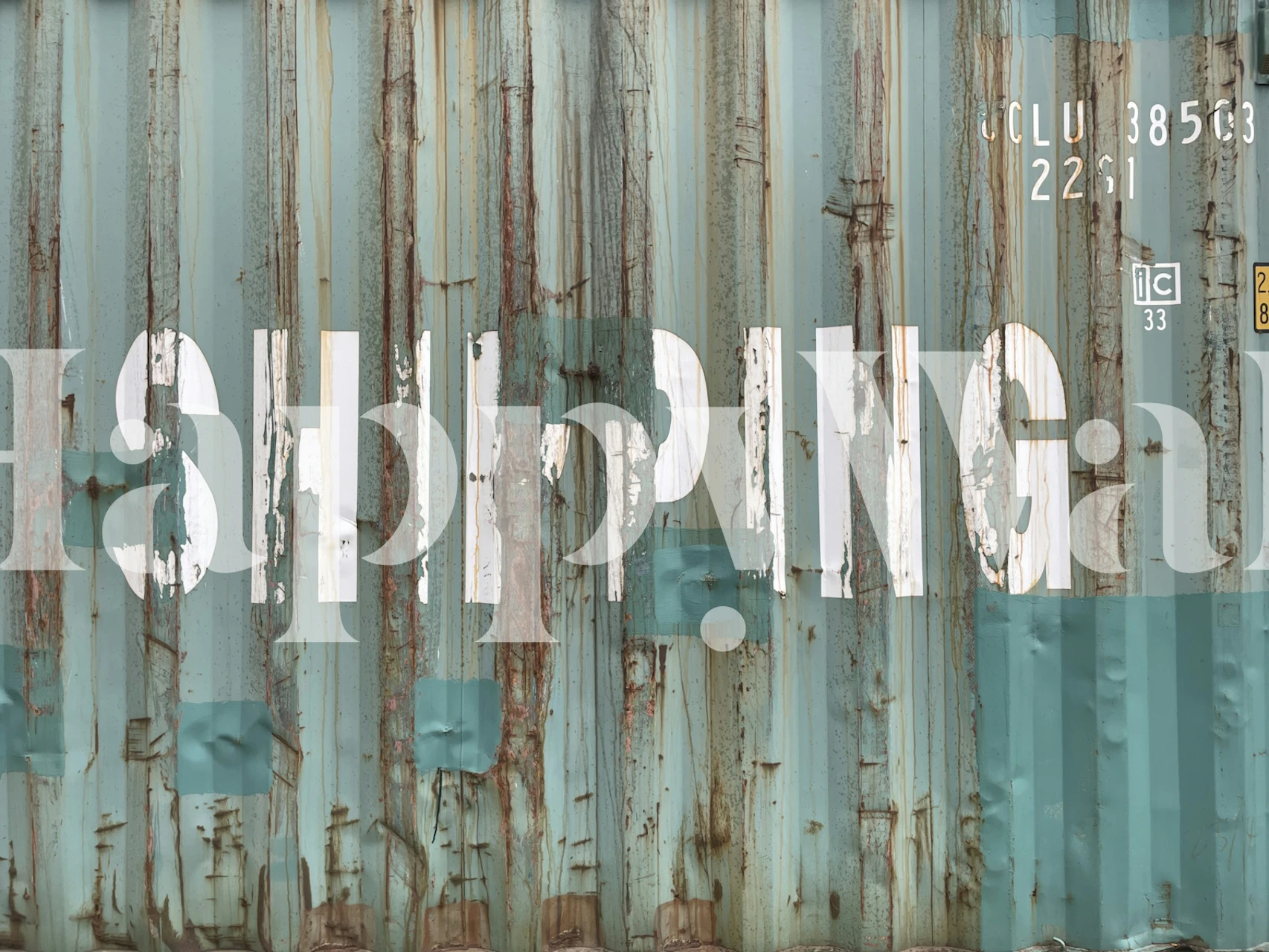 Grunge style shipping container wallpaper with faded blue and white text