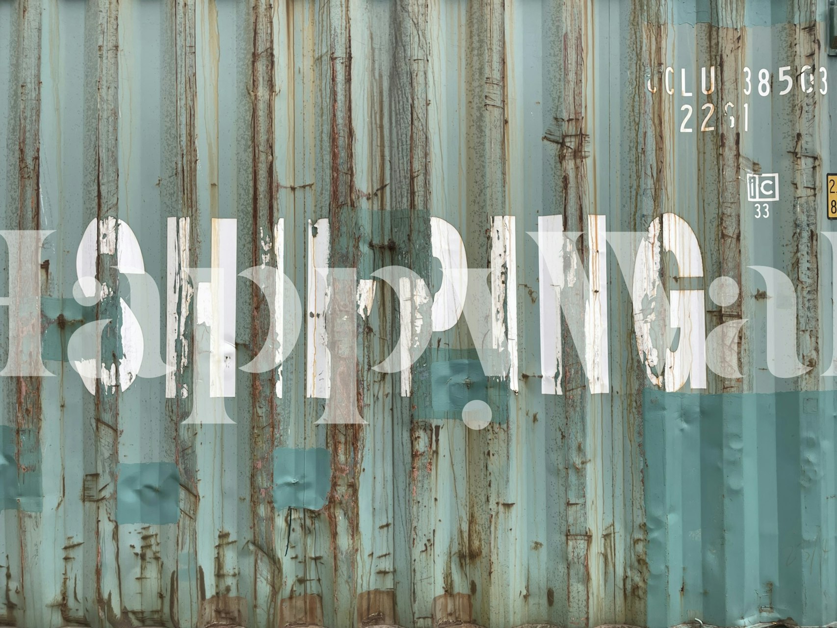 Grunge style shipping container wallpaper with faded blue and white text
