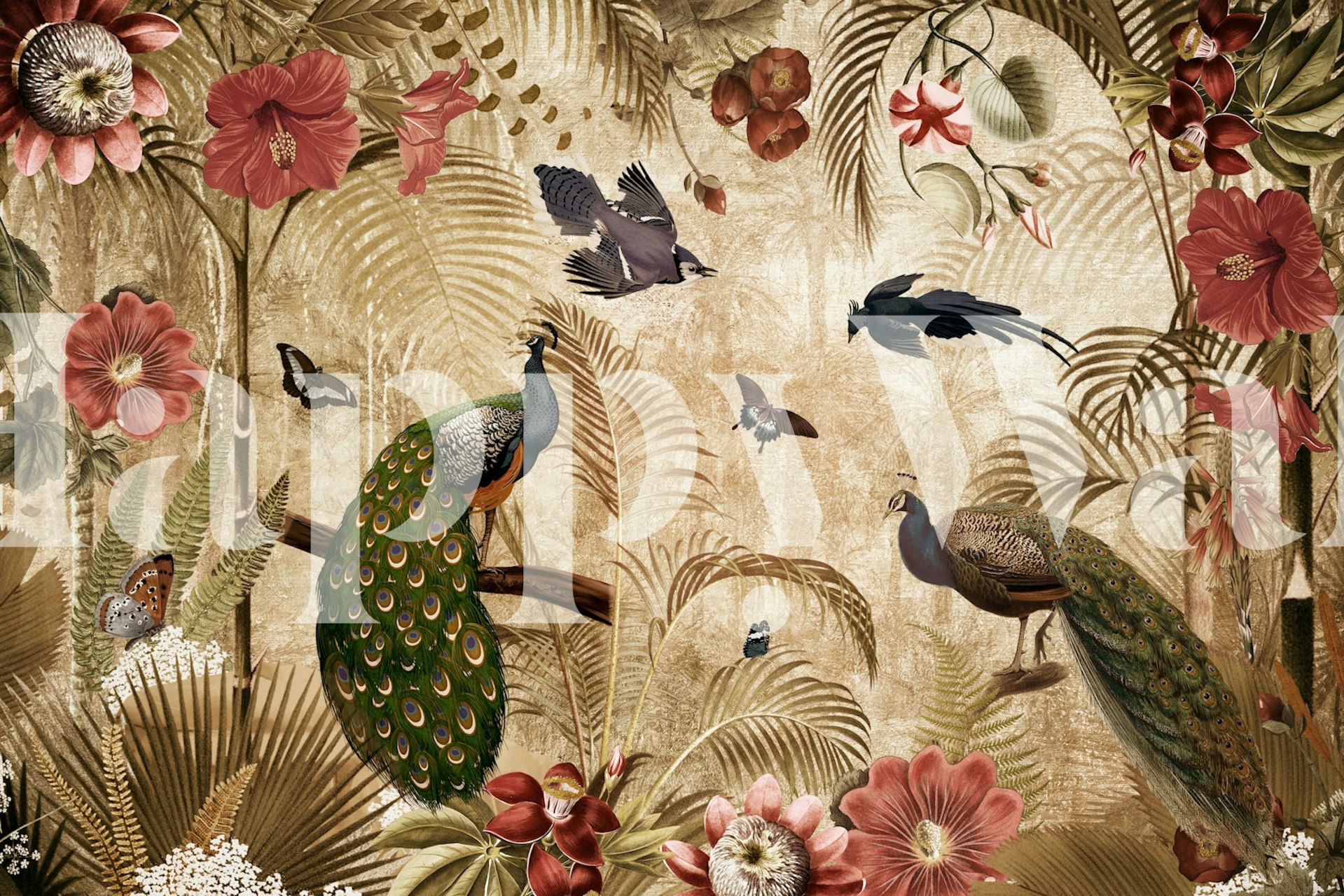 Tropical wallpaper with peacocks and flowers