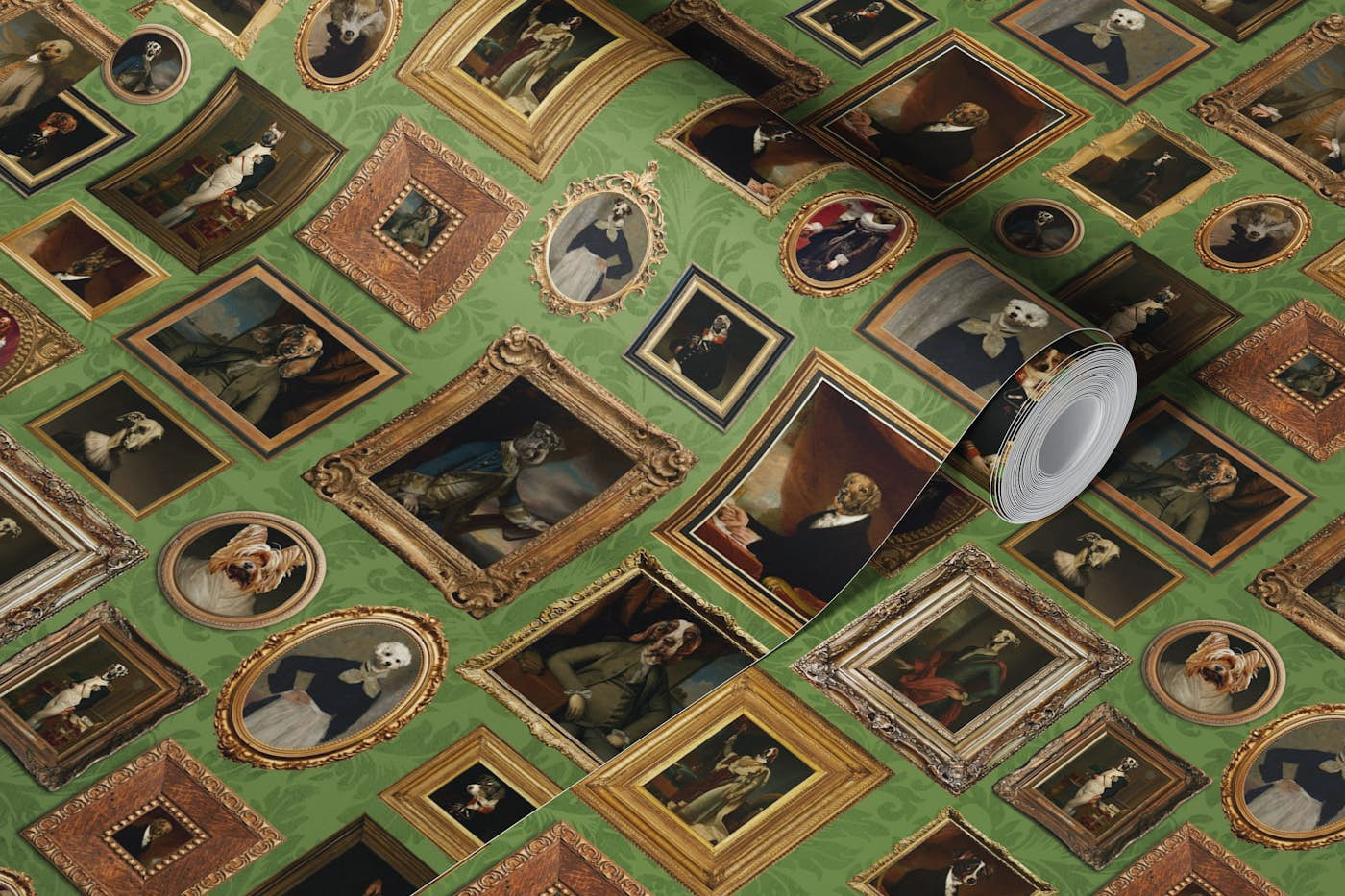 Famous Historical Dogs Museum Wall Green wallpaper roll