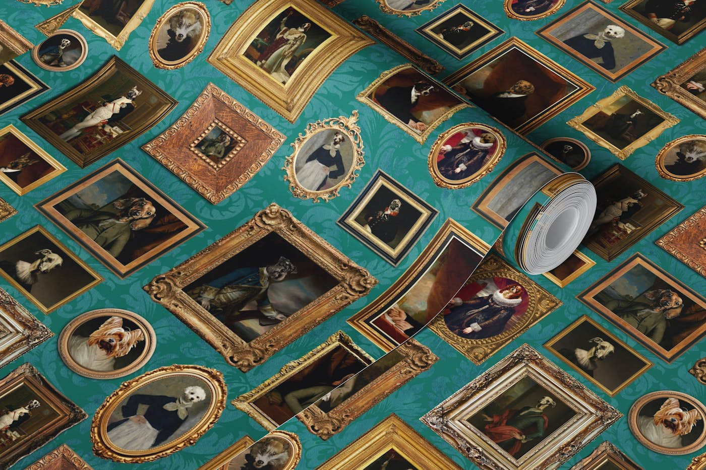 Famous Historical Dogs Museum Wall Turquoise wallpaper roll