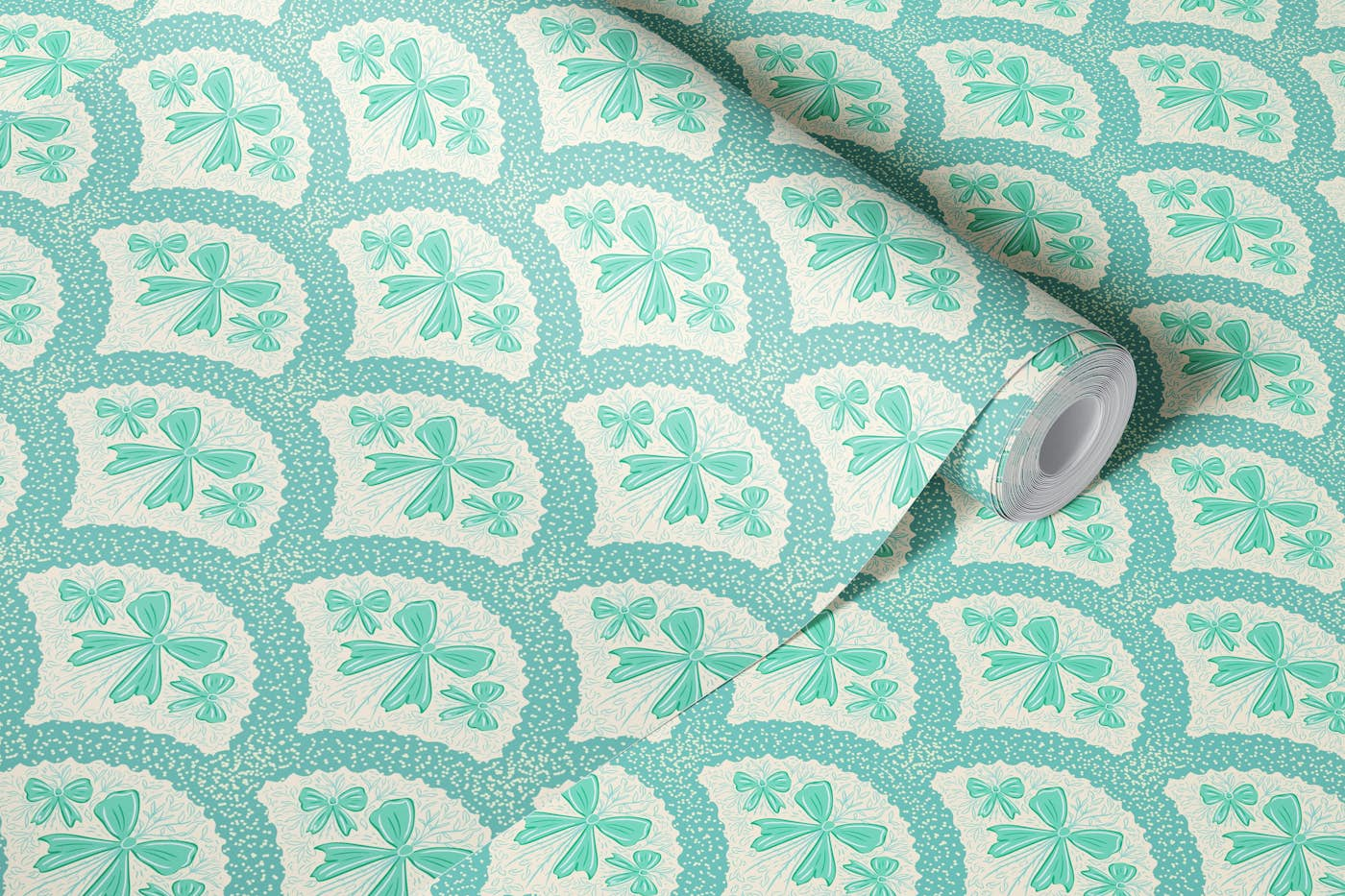 Grandmillennial preppy bows in teal wallpaper roll