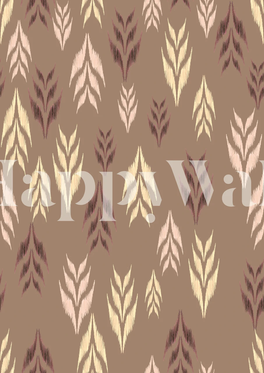Elegant leaves in soft hues of beige and pink on brown wallpaper