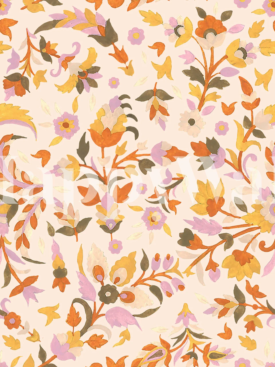 Floral paisley patterns in soft peach, orange, purple, and green; wallpaper