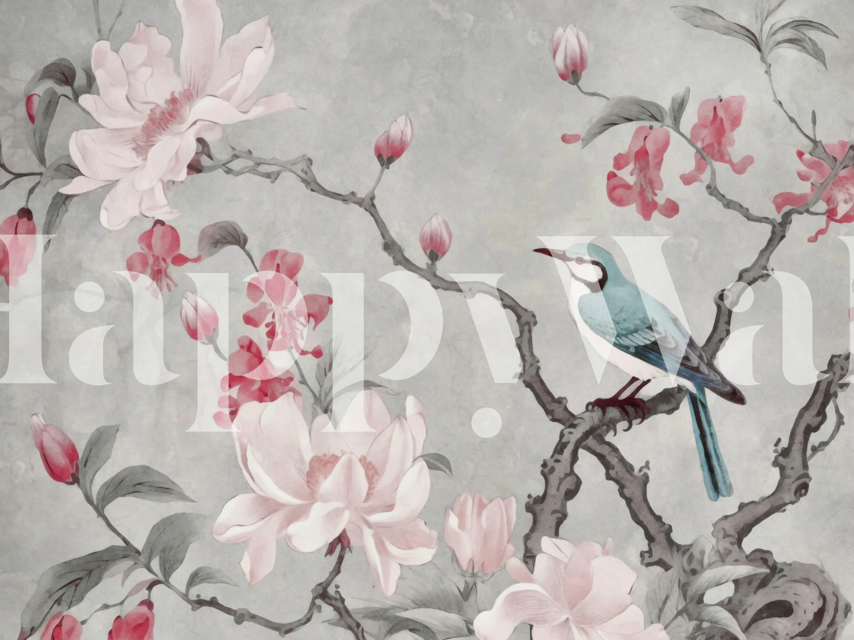 Magnolia and floral branches with a blue bird on grey wallpaper