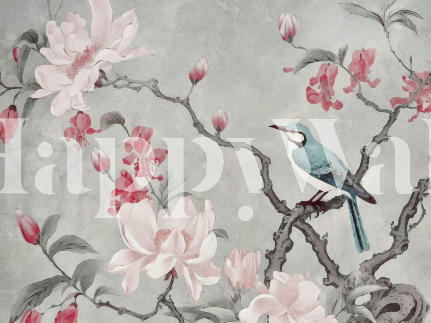 Magnolia and floral branches with a blue bird on grey wallpaper