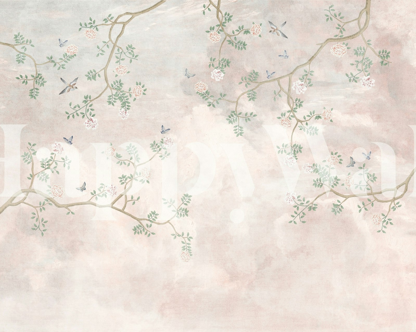 Decorazione murale con motivi cinesi in rosa tenue e beige con disegno floreale