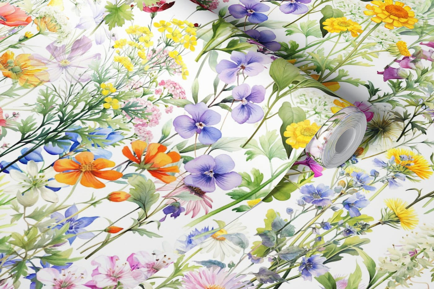 Sea of Wildflowers on white wallpaper roll