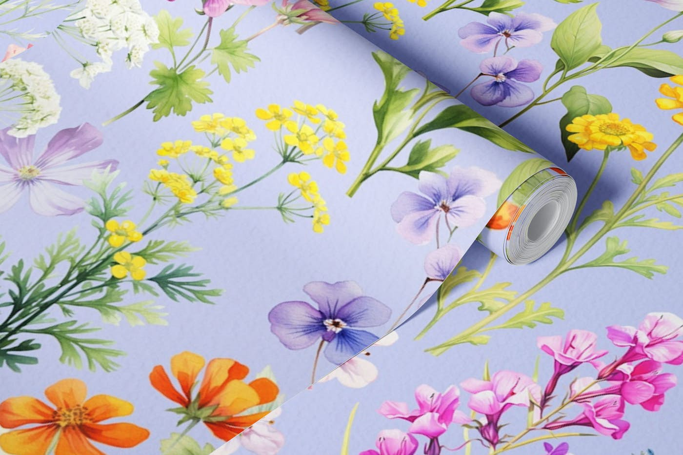 Wildflowers wallpaper on blue wallpaper roll