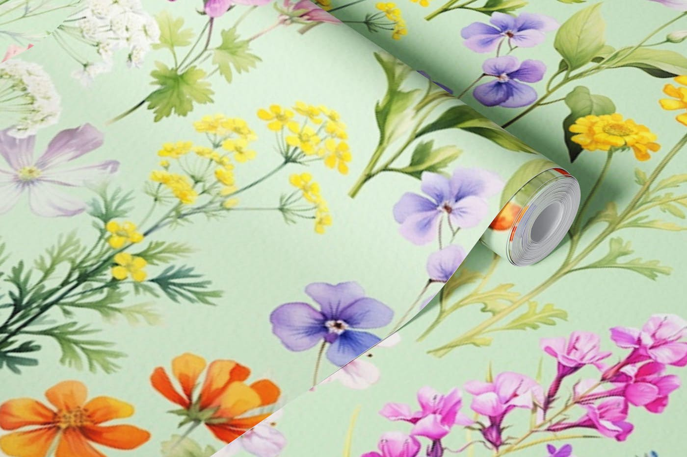 Wildflowers wallpaper on green wallpaper roll