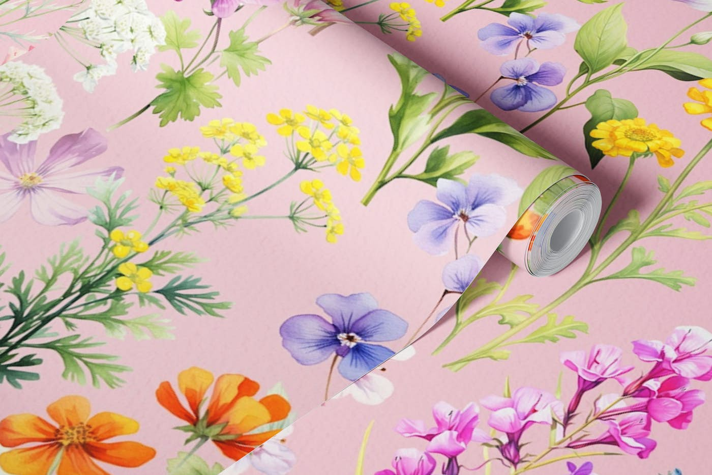 Wildflowers wallpaper on pink wallpaper roll