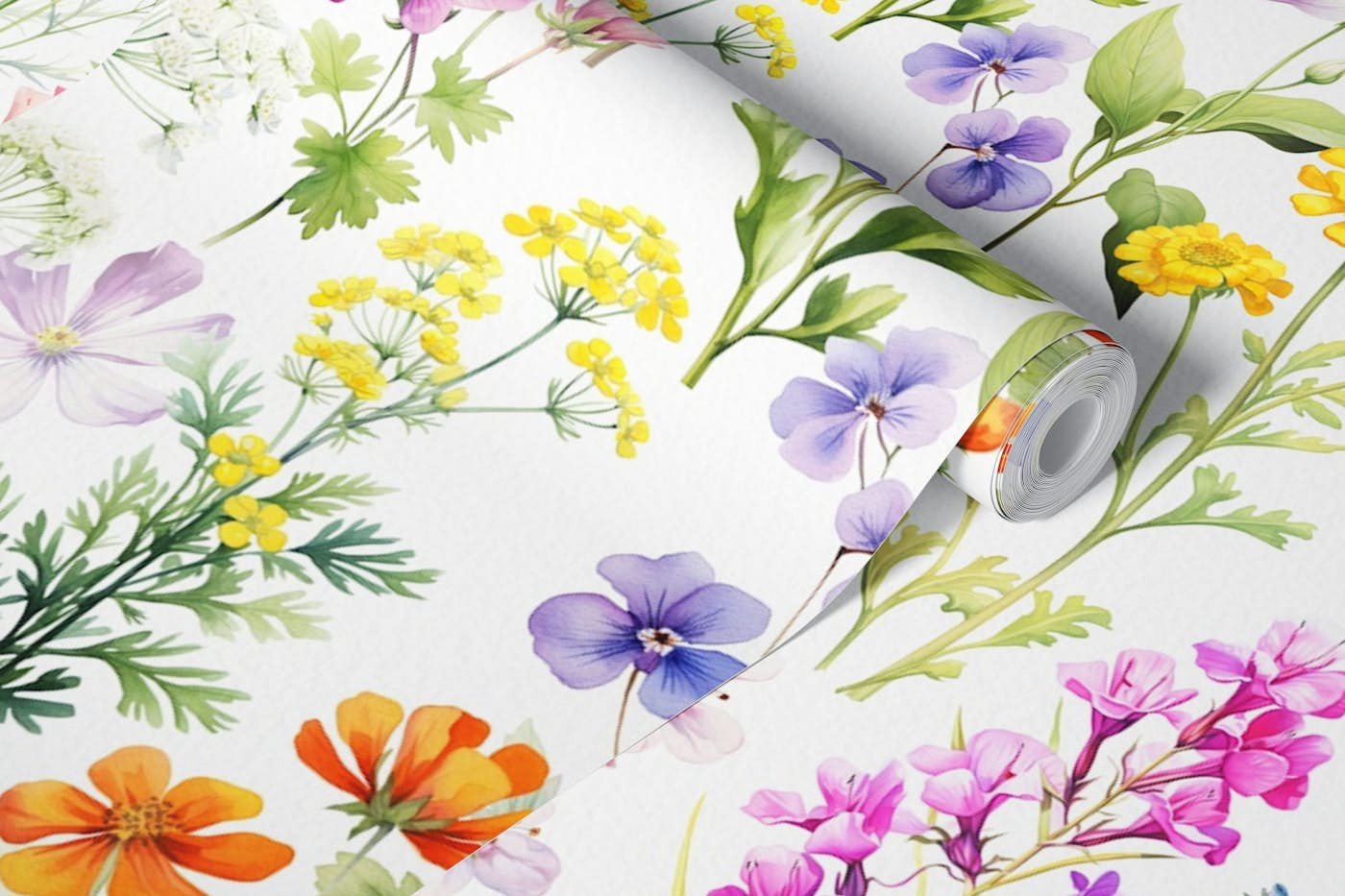 Wildflowers wallpaper on white wallpaper roll