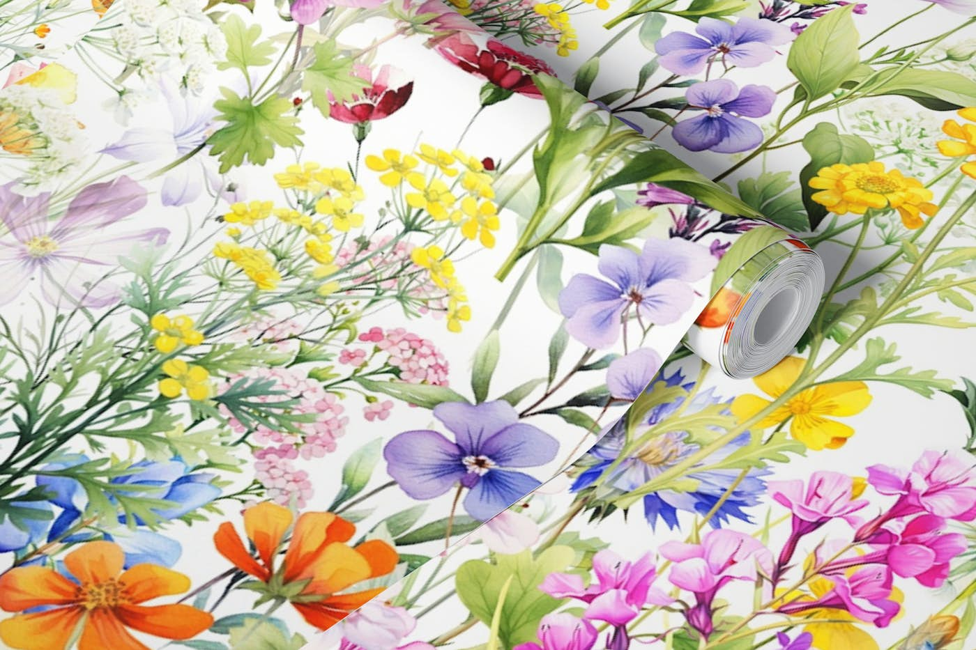 Sea of Wildflowers on white large scale wallpaper roll