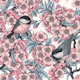 Cherry blossom and chickadees on white