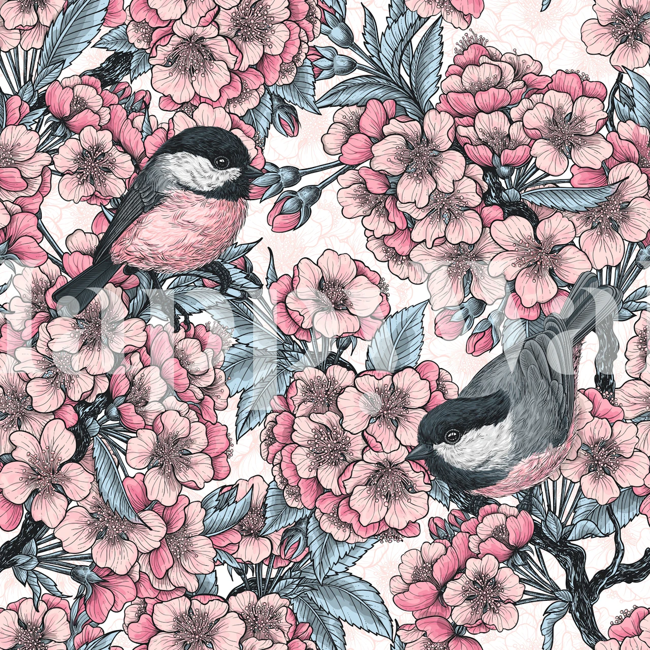 Körsbärsblommor och chickadees tapet på vit bakgrund