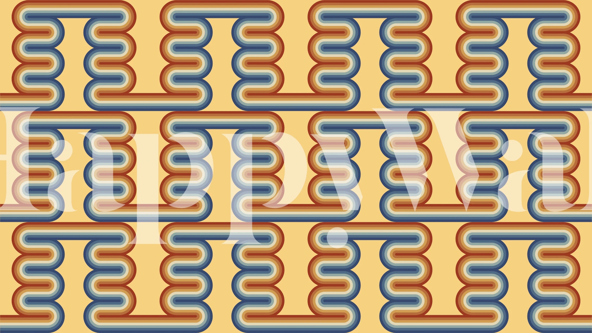 Retro geometric wave patterns in orange, blue, and cream wallpaper