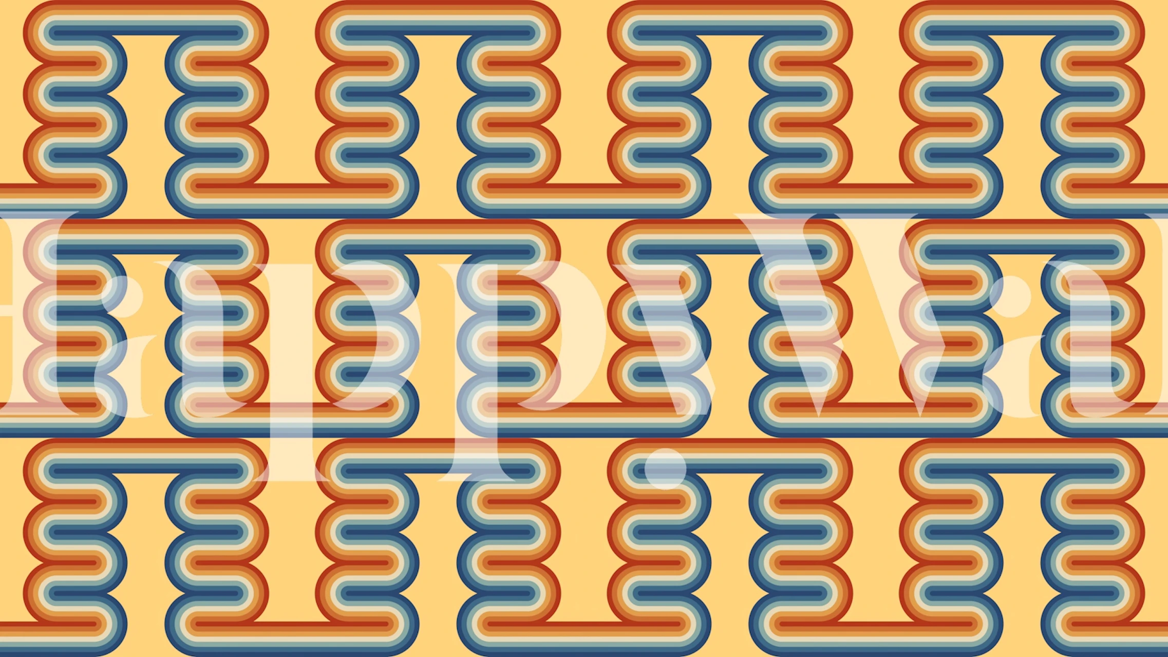 Retro geometric wave patterns in orange, blue, and cream wallpaper
