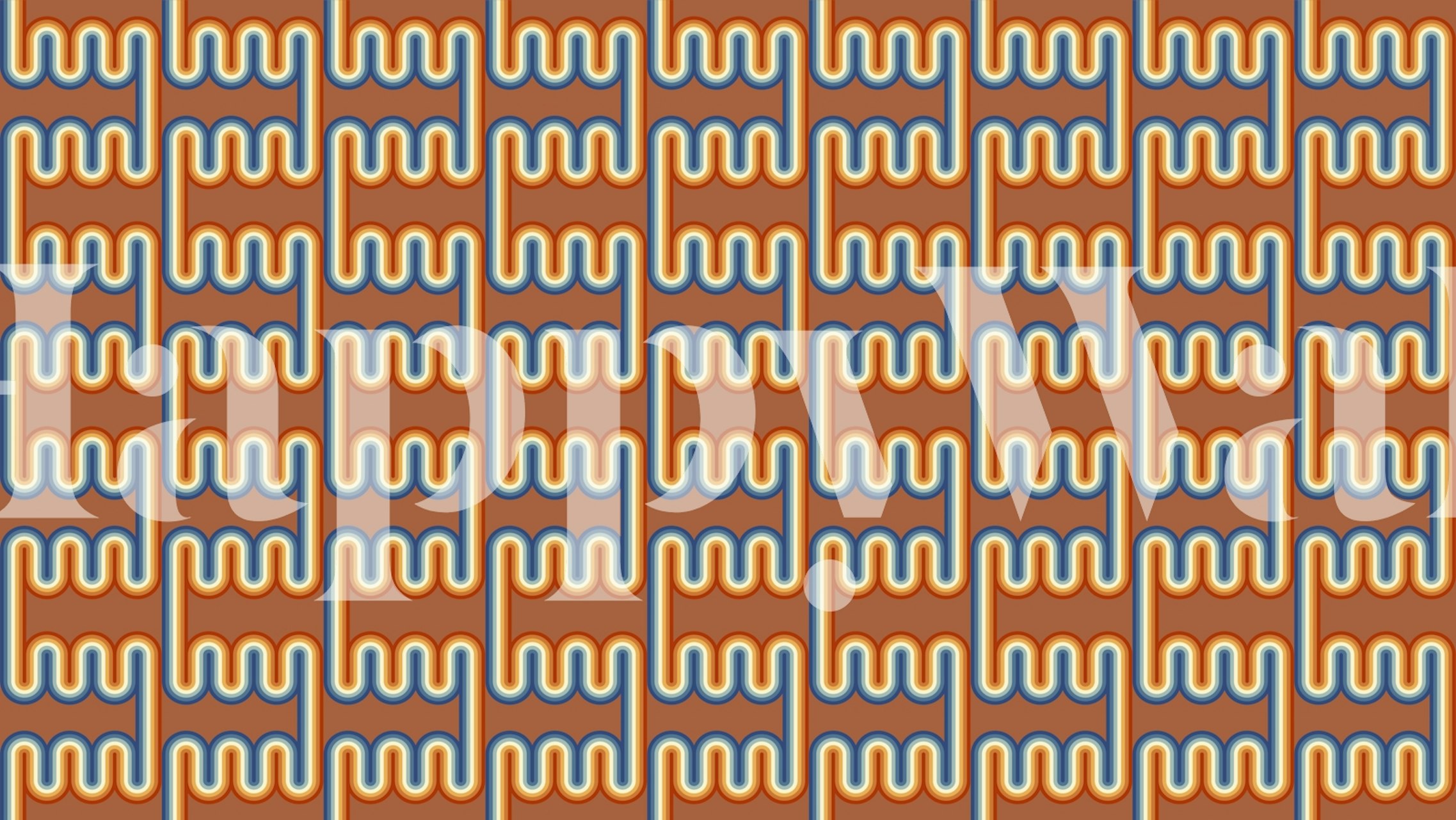 Colorful geometric swirl pattern in orange, blue, and cream wallpaper