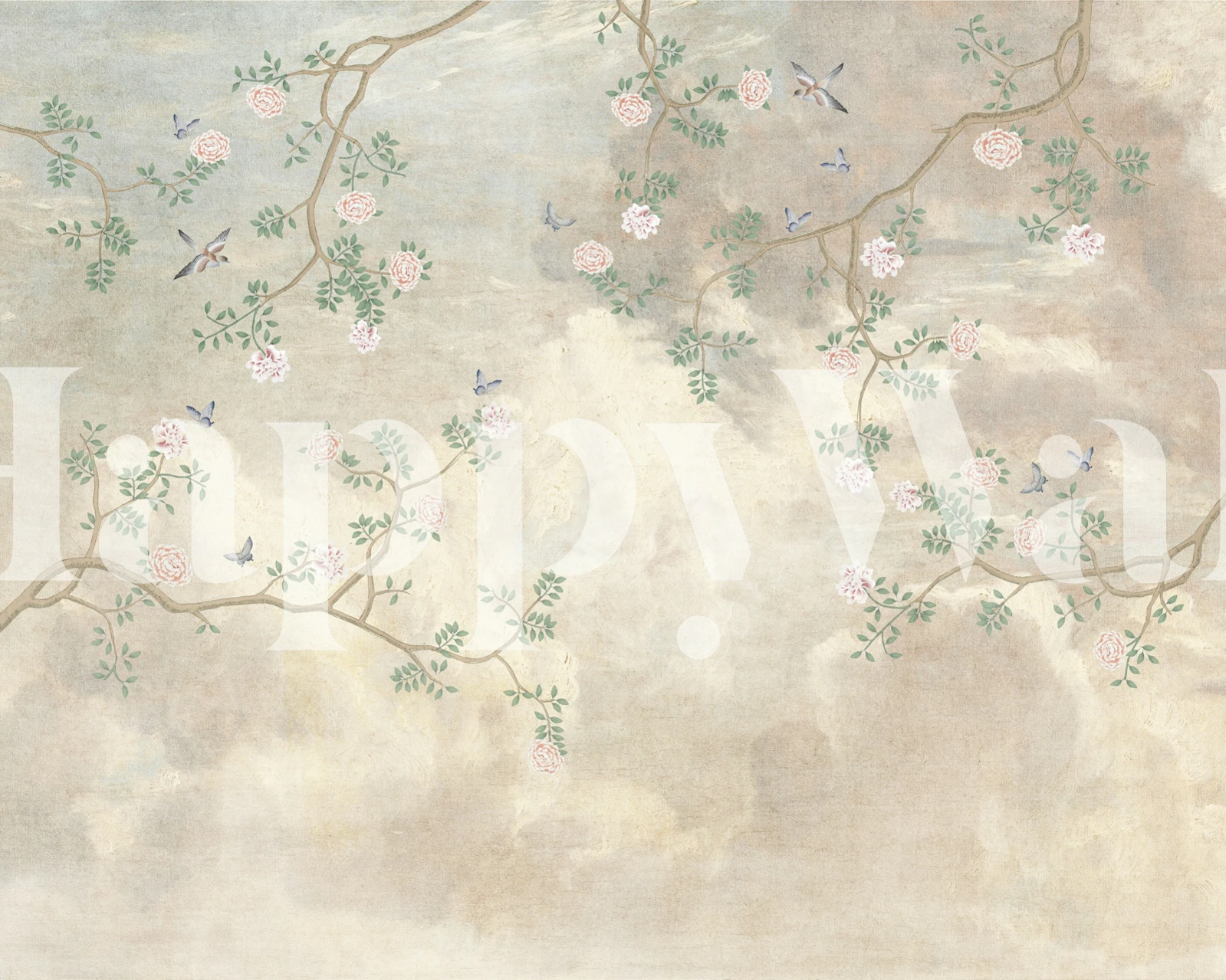 Cream floral peony wallpaper with pink flowers and green leaves